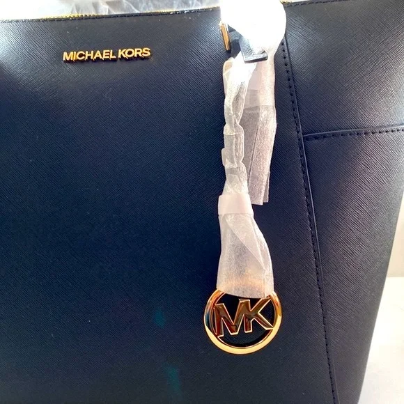 MICHAEL KORS LARGE “CHARLOTTE” SAFFIANO BLACK LEATHER ZIP-TOP TOTE